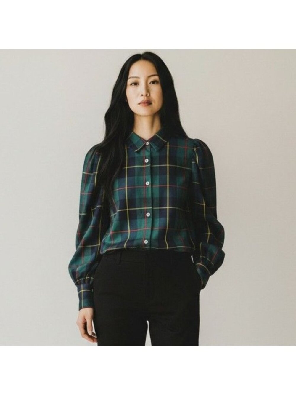 Gretchen Scott Women S Green Plaid Button Down Blouse Puff Sleeve Preppy Top